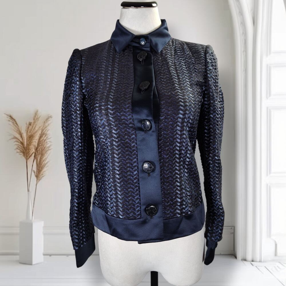 Armani Collezioni Silk Jacket Sz 2 Navy Textured Satin Trim Italy Authenticated